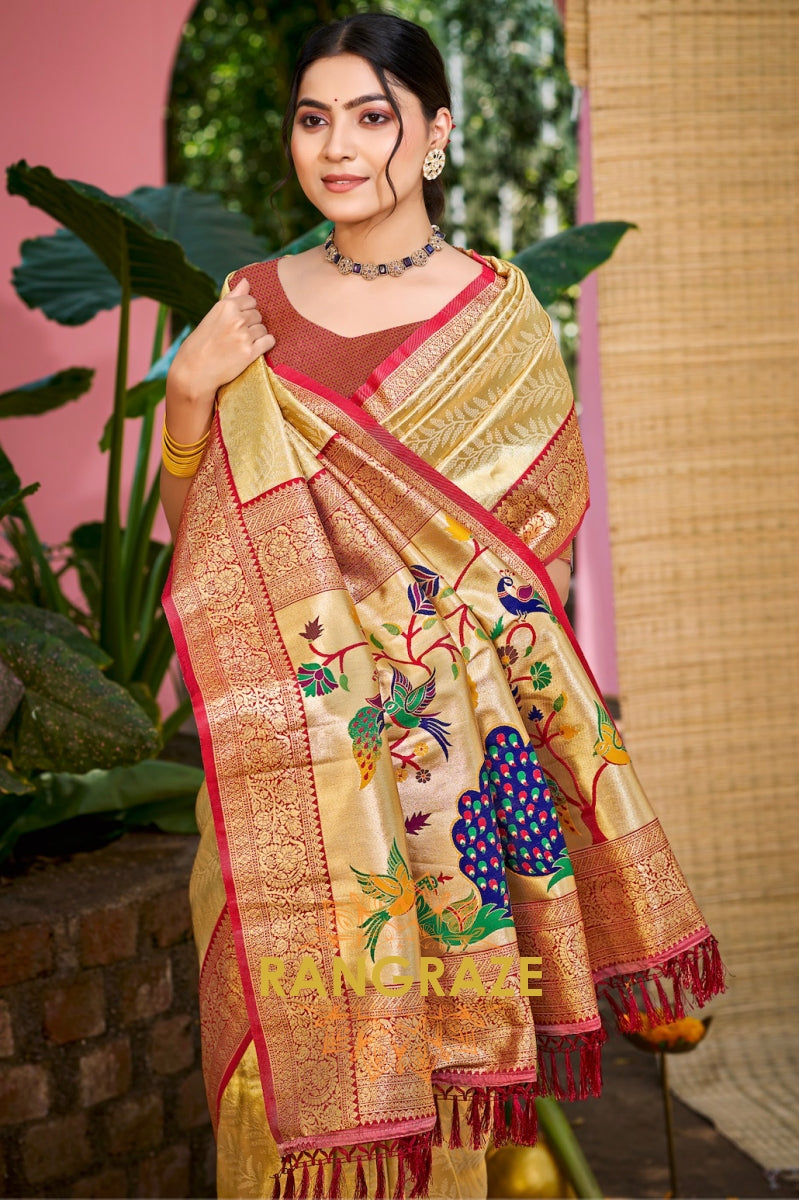 Champagne Gold Paithani Pallu Kanjivaram Silk Saree