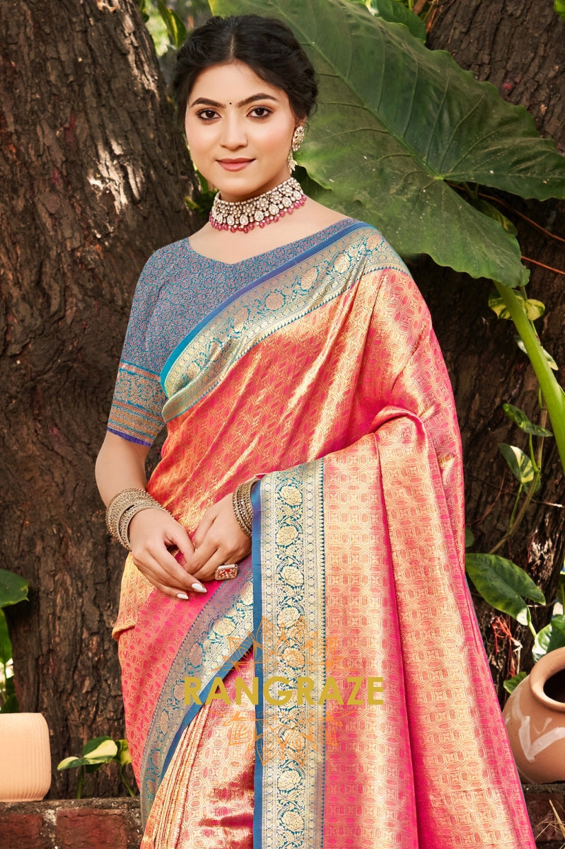 Coral Pink Kanjivaram Silk Saree with Paithani Pallu