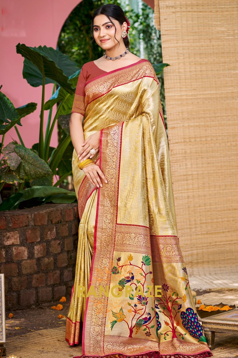 Champagne Gold Paithani Pallu Kanjivaram Silk Saree