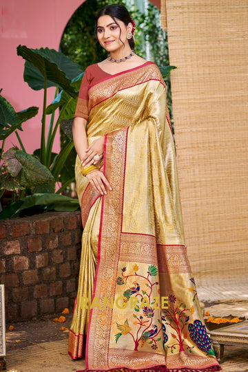 Champagne Gold Paithani Pallu Kanjivaram Silk Saree
