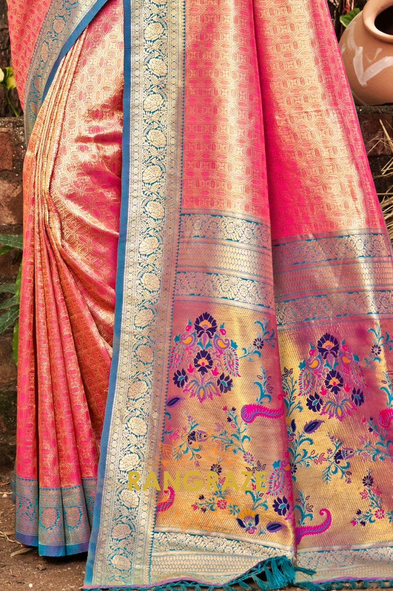 Coral Pink Kanjivaram Silk Saree with Paithani Pallu