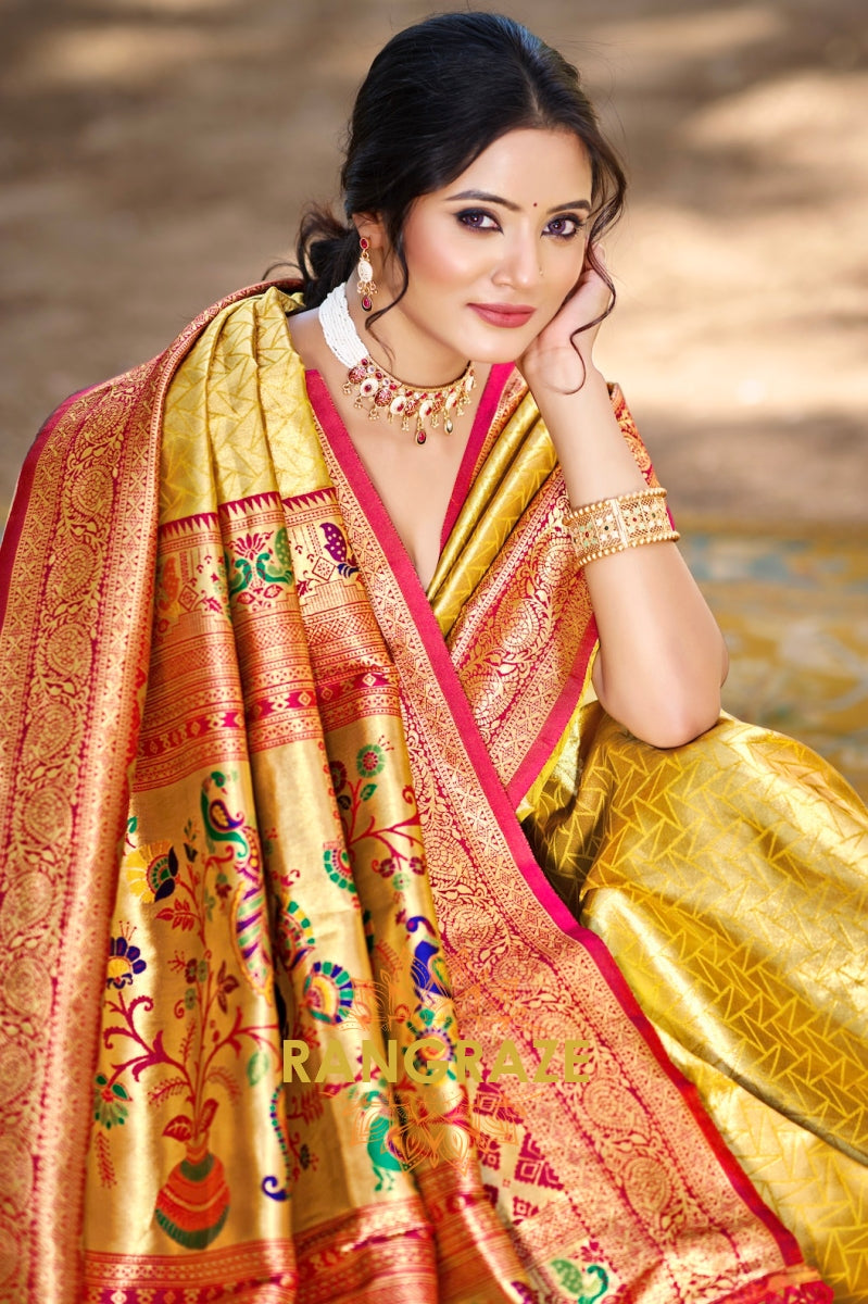 Golden Radiance Kanjivaram Silk Saree with Paithani Pallu