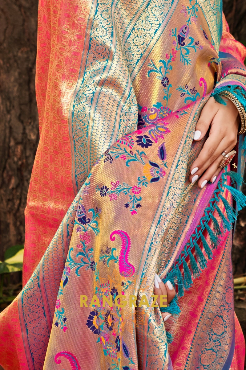 Coral Pink Kanjivaram Silk Saree with Paithani Pallu