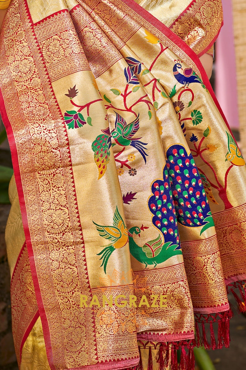 Champagne Gold Paithani Pallu Kanjivaram Silk Saree