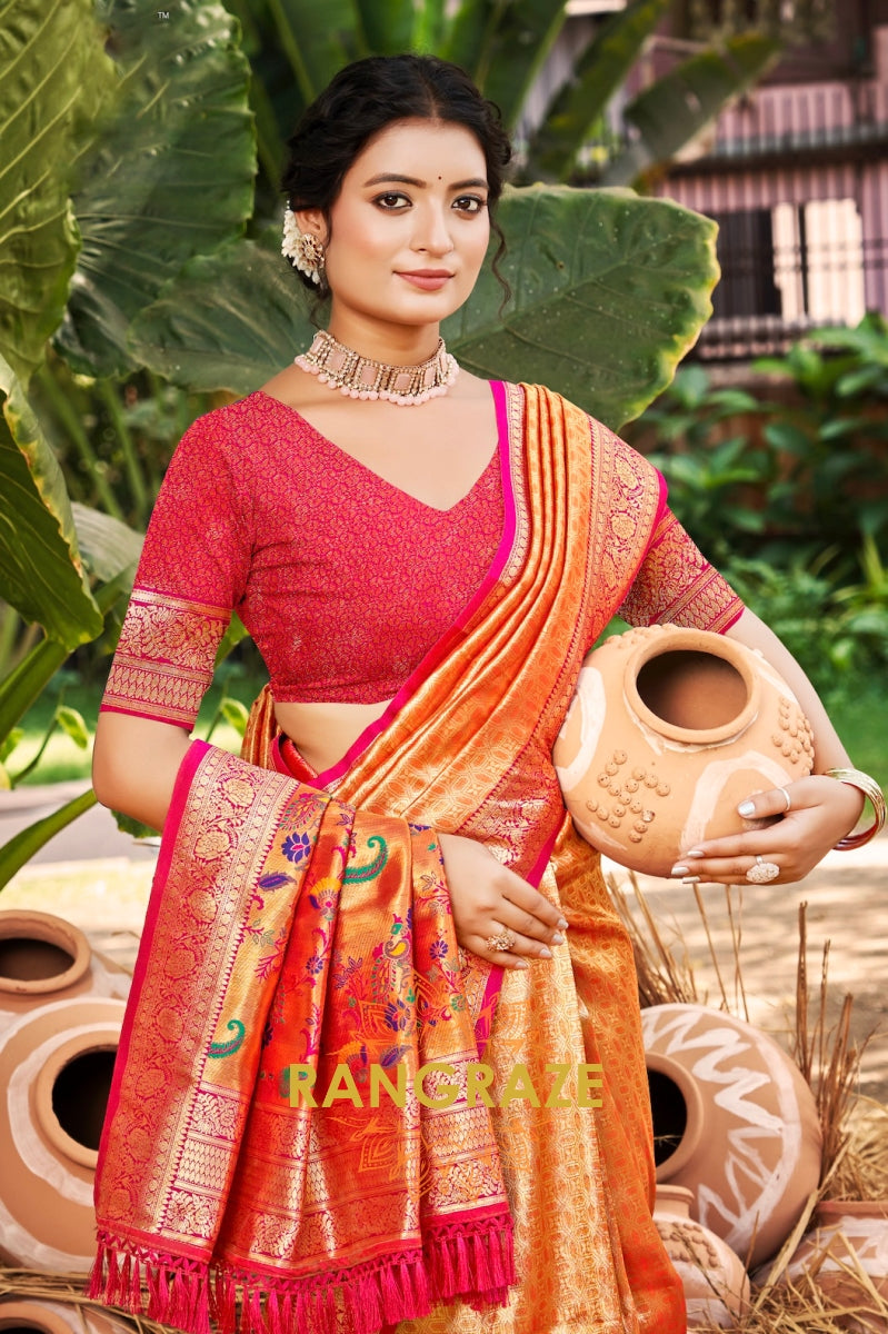 Radiant Orange Kanjivaram Silk Saree with Paithani Pallu