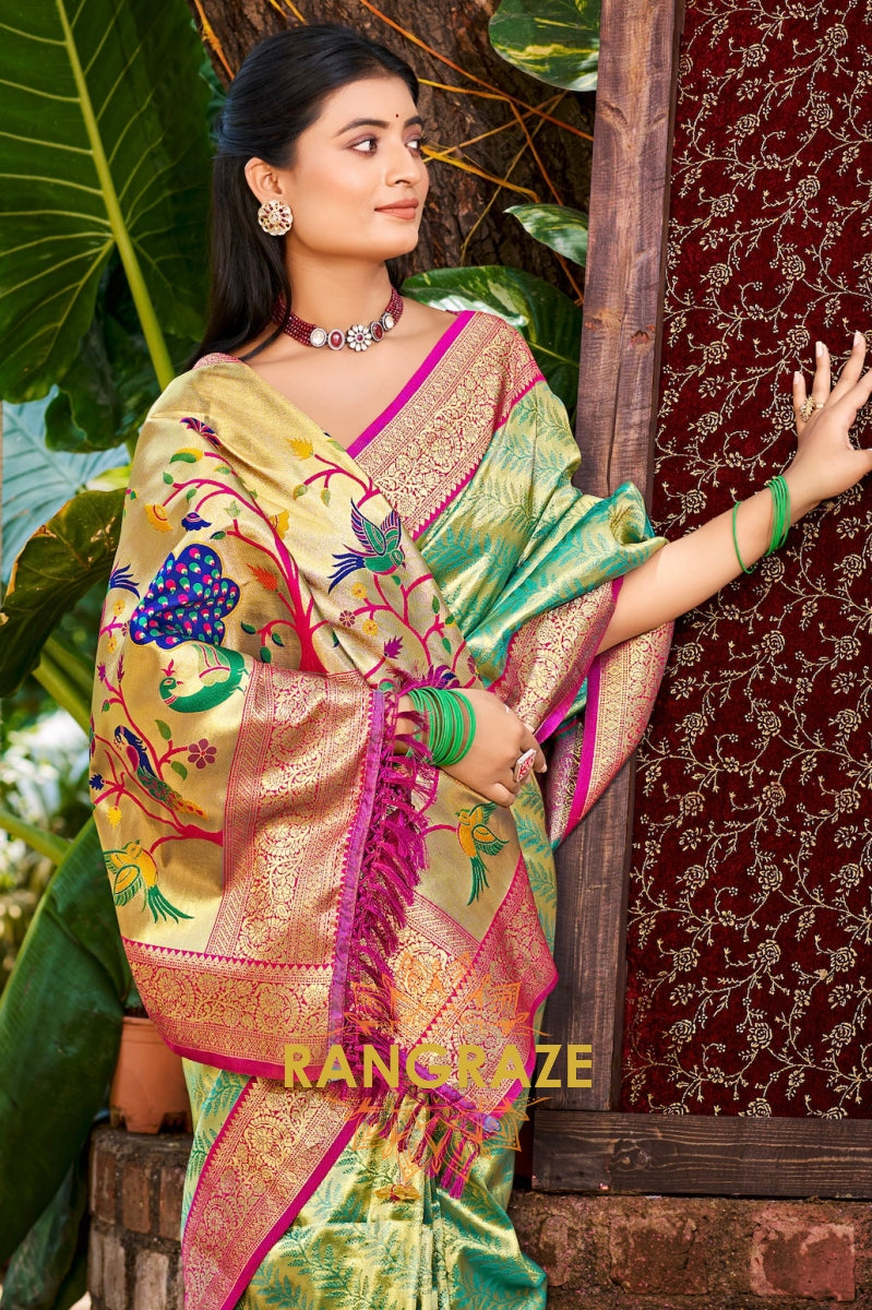 Mint Green Kanjivaram Silk Saree with Vibrant Paithani Pallu