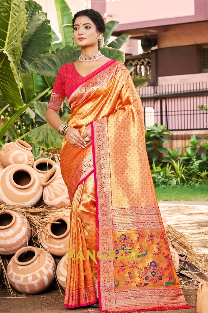 Radiant Orange Kanjivaram Silk Saree with Paithani Pallu