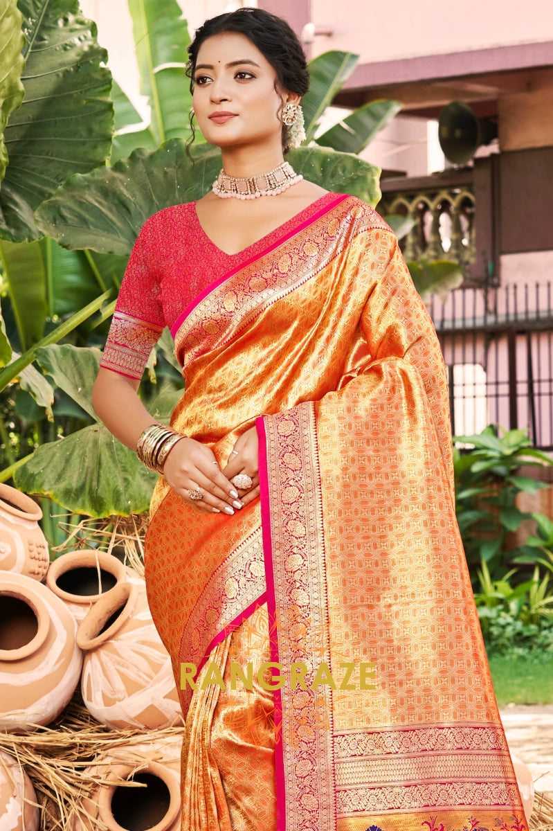 Radiant Orange Kanjivaram Silk Saree with Paithani Pallu