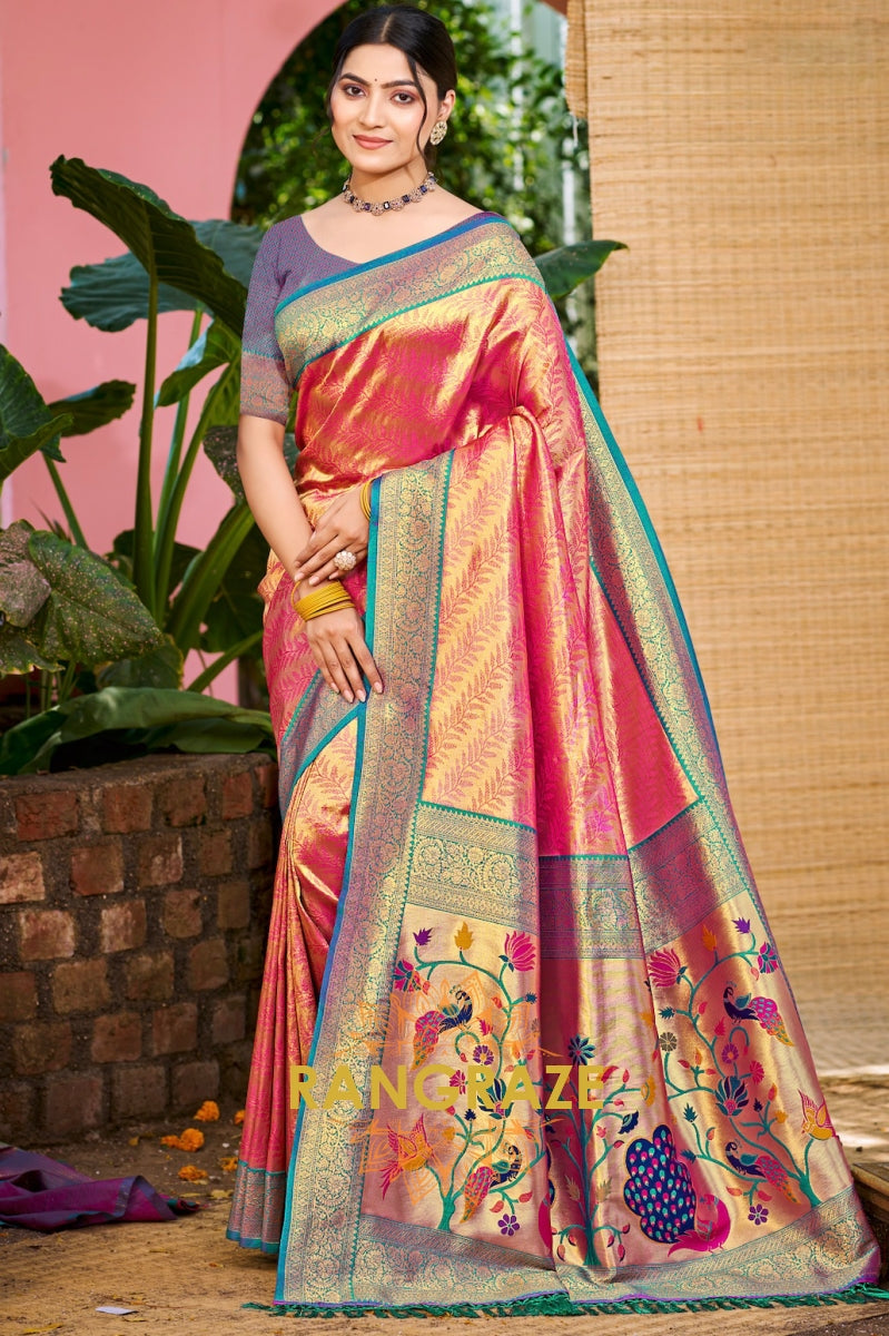 Royal Rani Pink Kanjivaram Silk Saree with Paithani Peacock Pallu