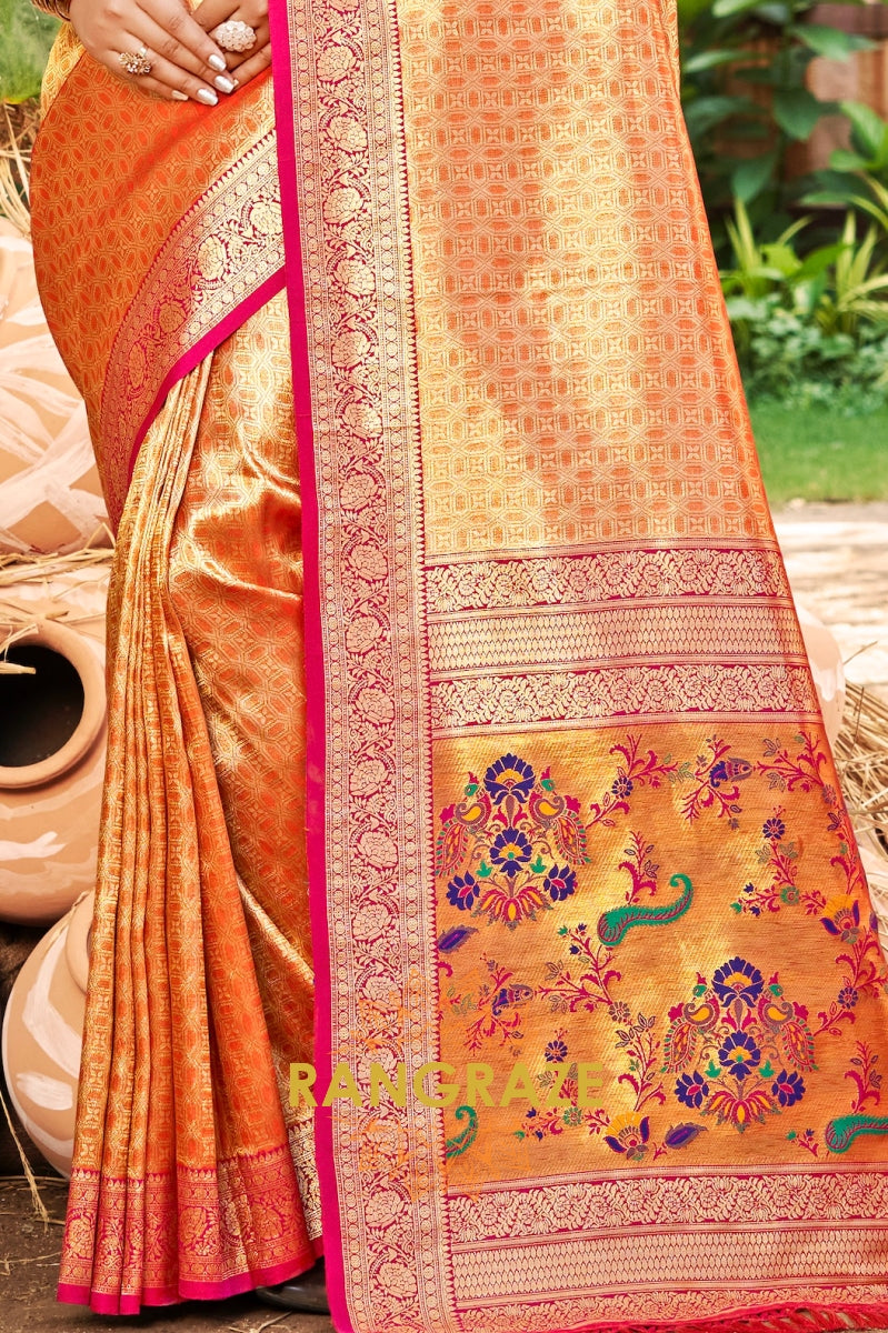 Radiant Orange Kanjivaram Silk Saree with Paithani Pallu