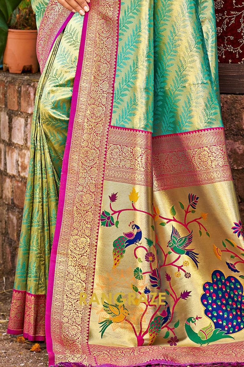 Mint Green Kanjivaram Silk Saree with Vibrant Paithani Pallu