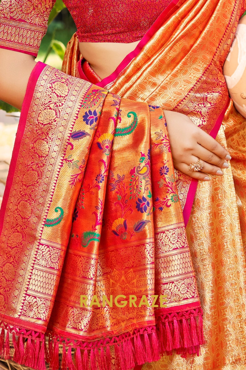 Radiant Orange Kanjivaram Silk Saree with Paithani Pallu