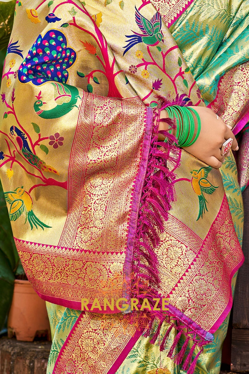 Mint Green Kanjivaram Silk Saree with Vibrant Paithani Pallu