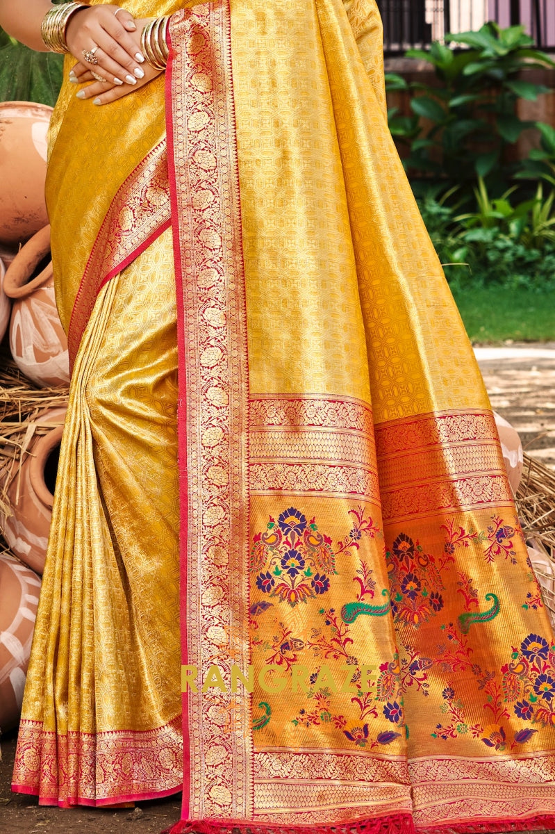Majestic Mustard Kanjivaram Silk Saree with Paithani-Inspired Pallu