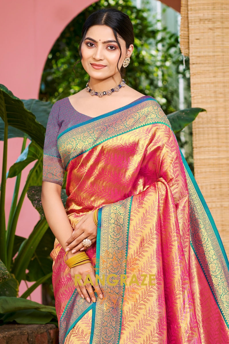 Royal Rani Pink Kanjivaram Silk Saree with Paithani Peacock Pallu