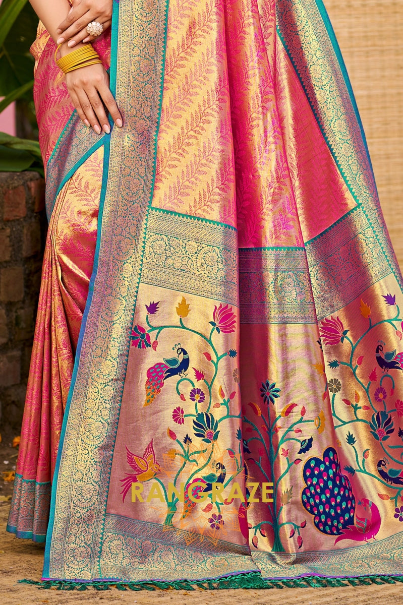 Royal Rani Pink Kanjivaram Silk Saree with Paithani Peacock Pallu