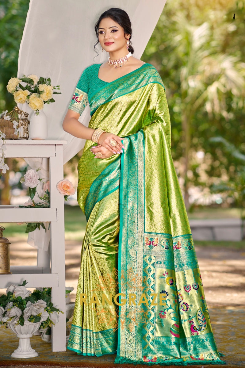 Emerald Bliss Kanjivaram Silk Saree with Paithani Pallu