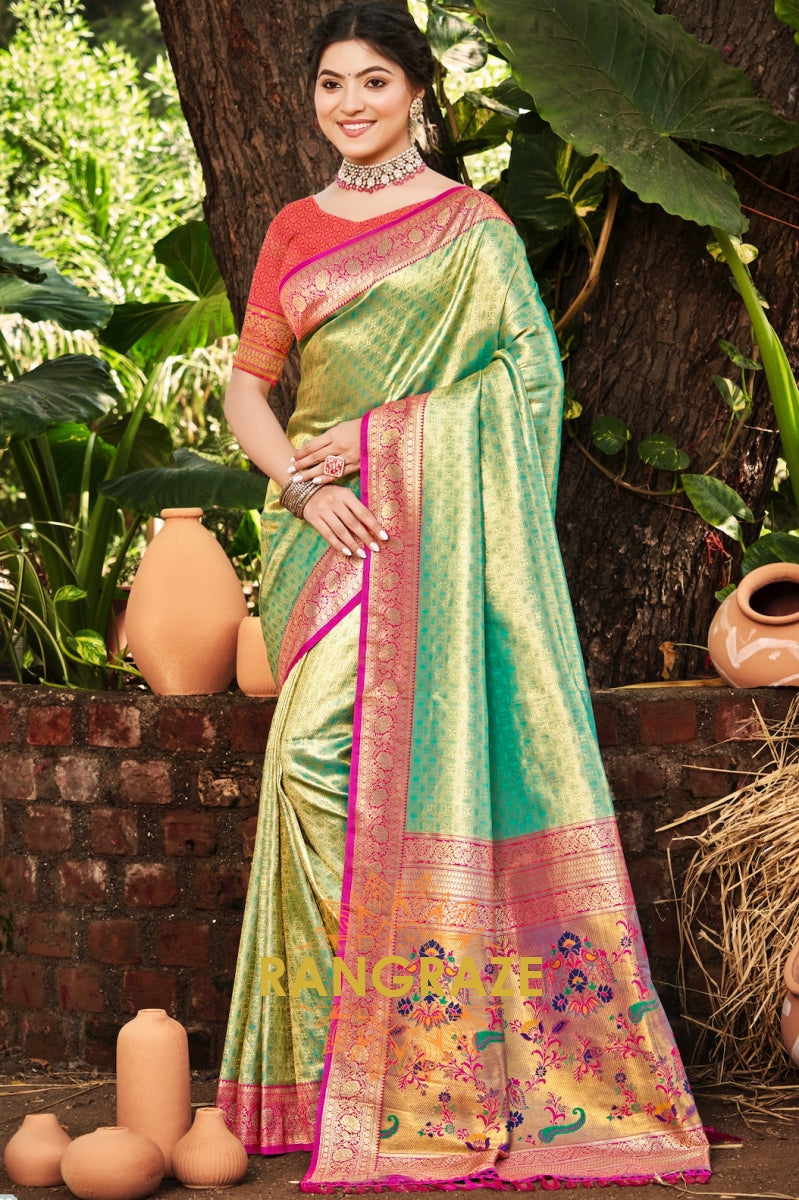 Pistachio Green Kanjivaram Silk Saree with Vibrant Paithani Pallu