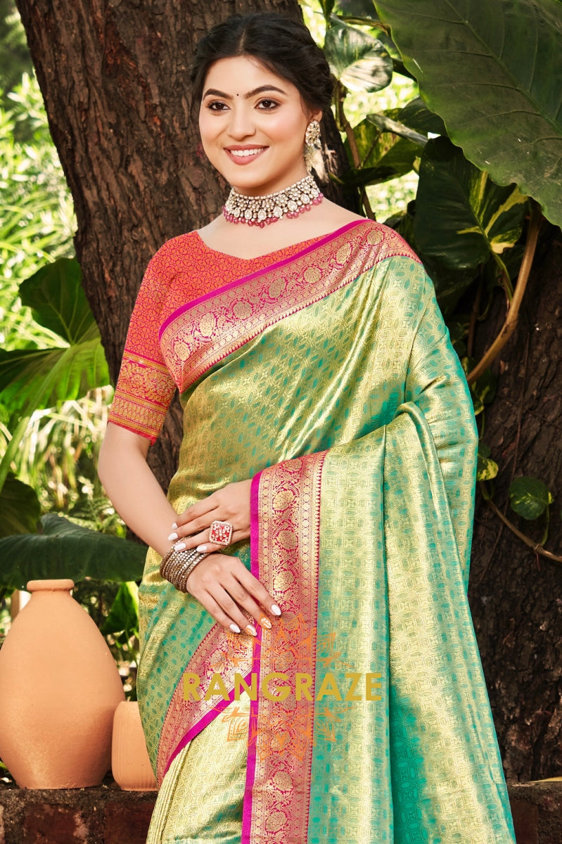 Pistachio Green Kanjivaram Silk Saree with Vibrant Paithani Pallu