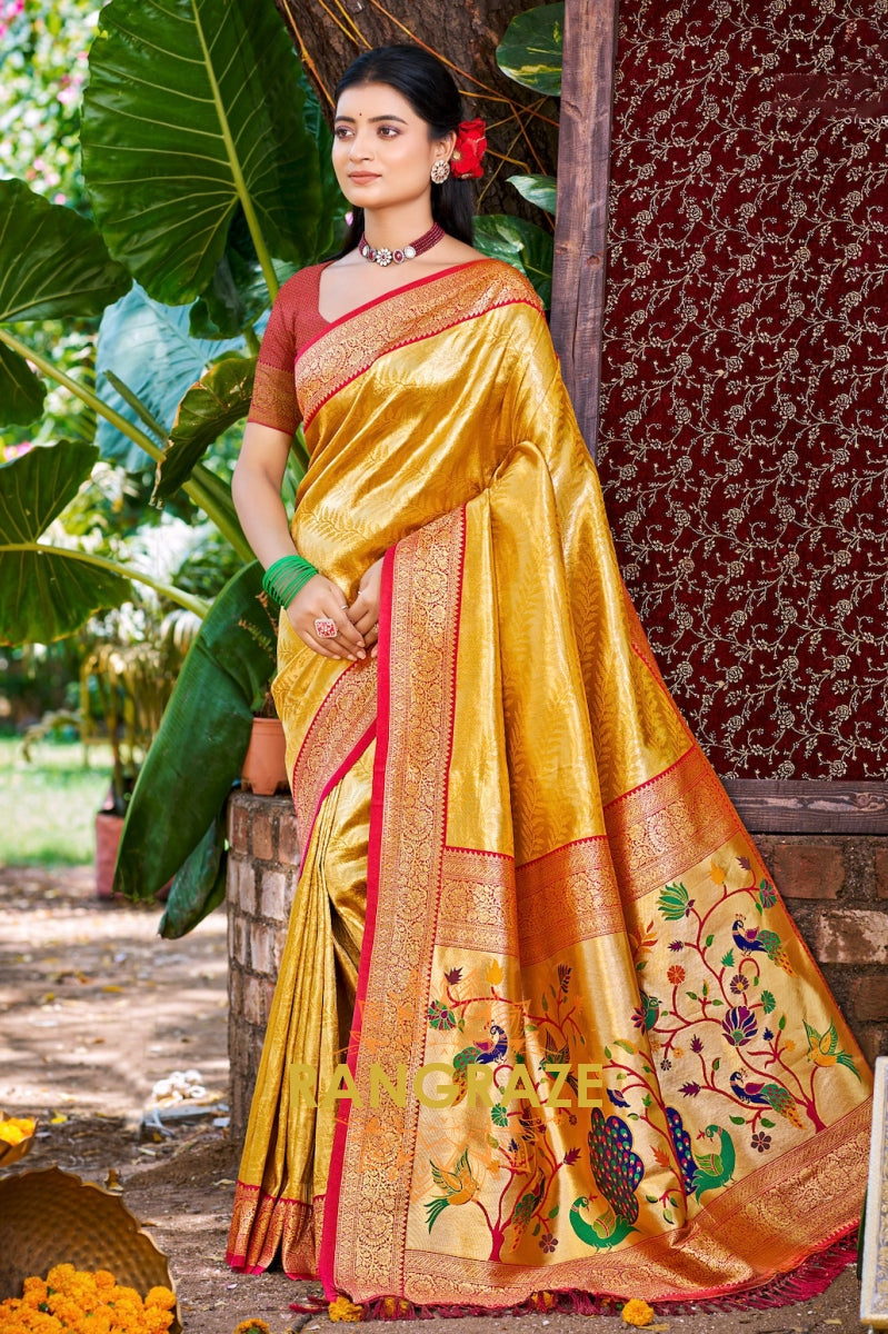 Mustard Majesty Kanjivaram Silk Saree with Paithani Peacock Pallu