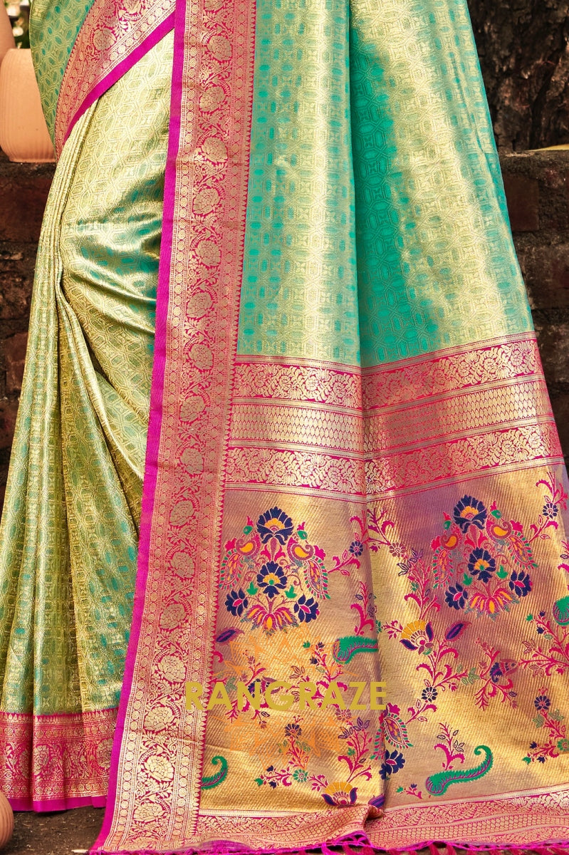 Pistachio Green Kanjivaram Silk Saree with Vibrant Paithani Pallu