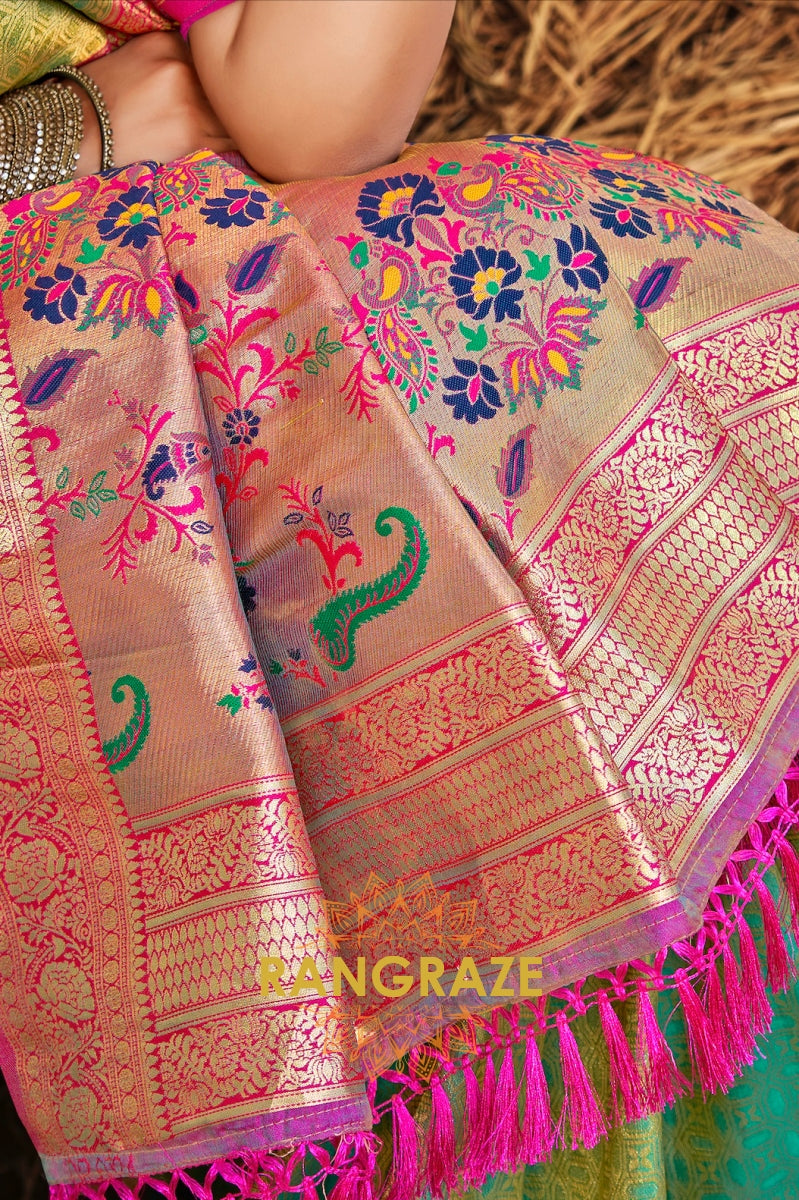 Pistachio Green Kanjivaram Silk Saree with Vibrant Paithani Pallu