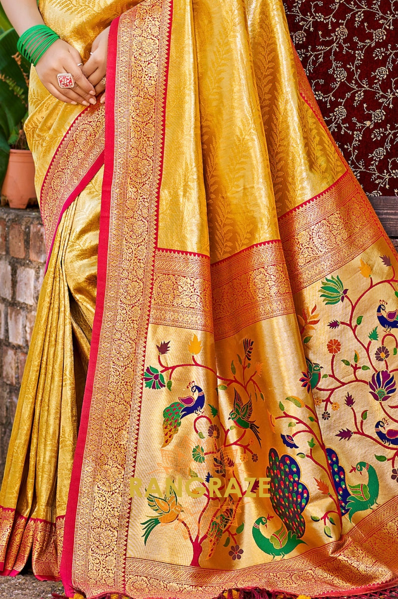 Mustard Majesty Kanjivaram Silk Saree with Paithani Peacock Pallu