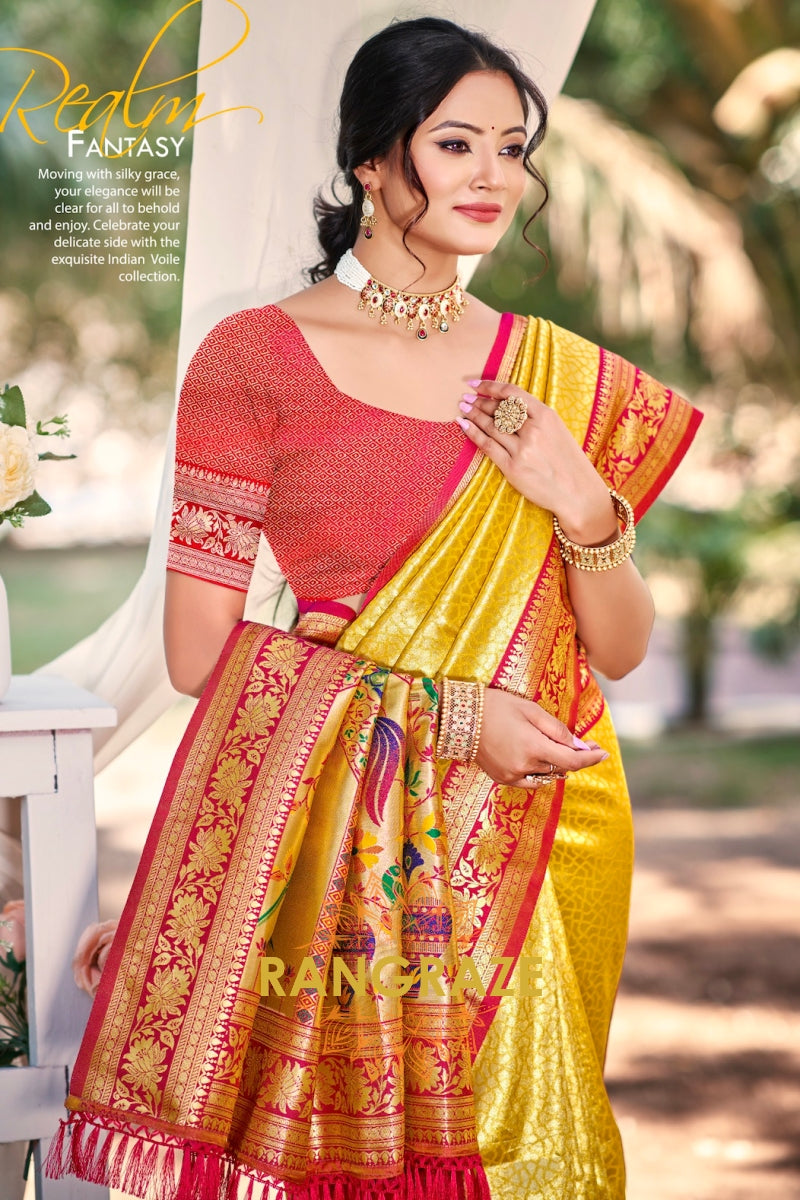 Golden Paithani Inspired Silk Saree with Red Zari Border
