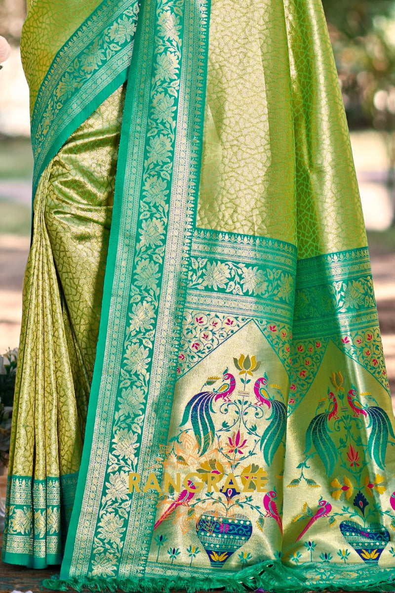 Green Paithani Inspired Silk Saree with Teal Zari Border