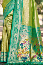Green Paithani Inspired Silk Saree with Teal Zari Border