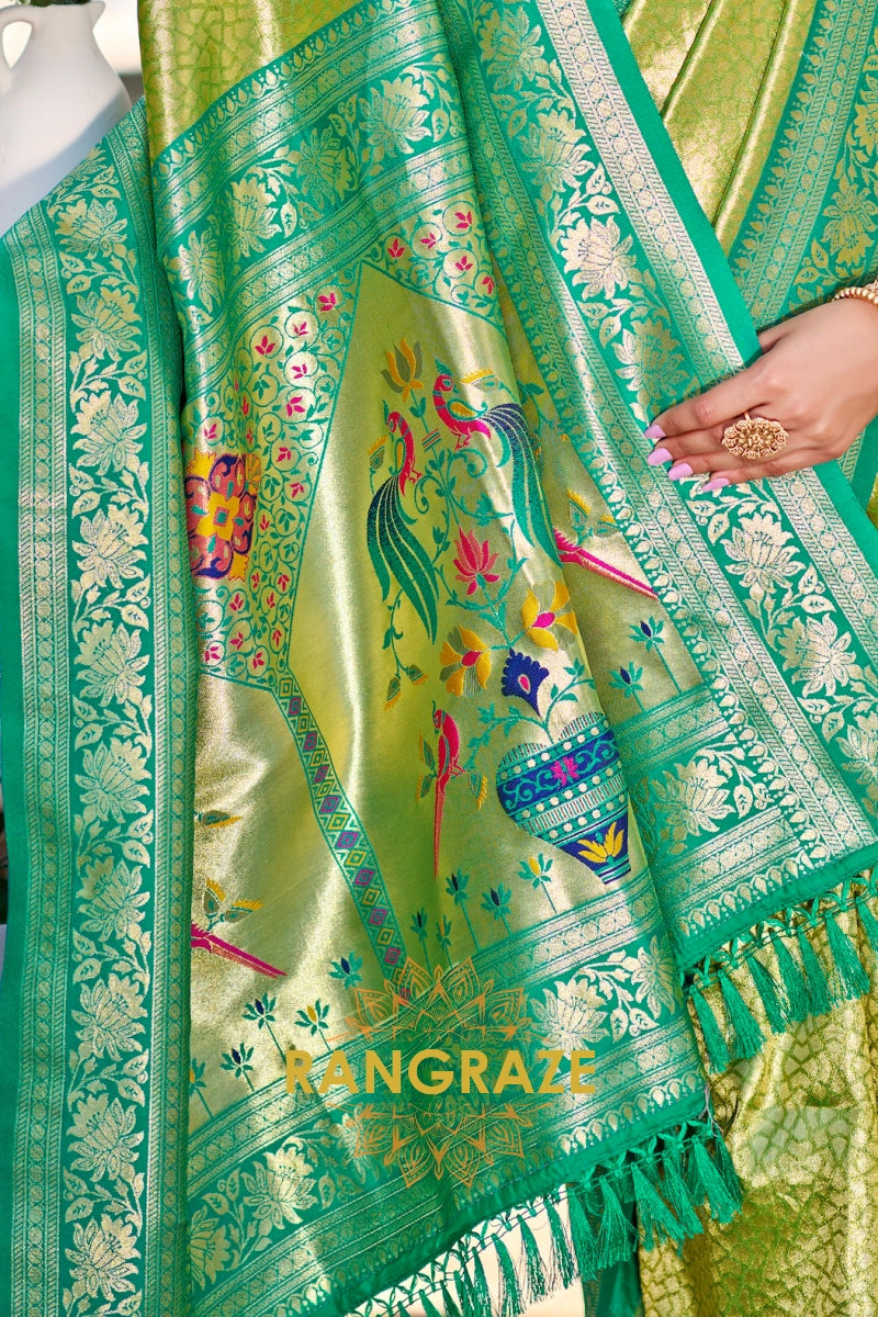 Green Paithani Inspired Silk Saree with Teal Zari Border