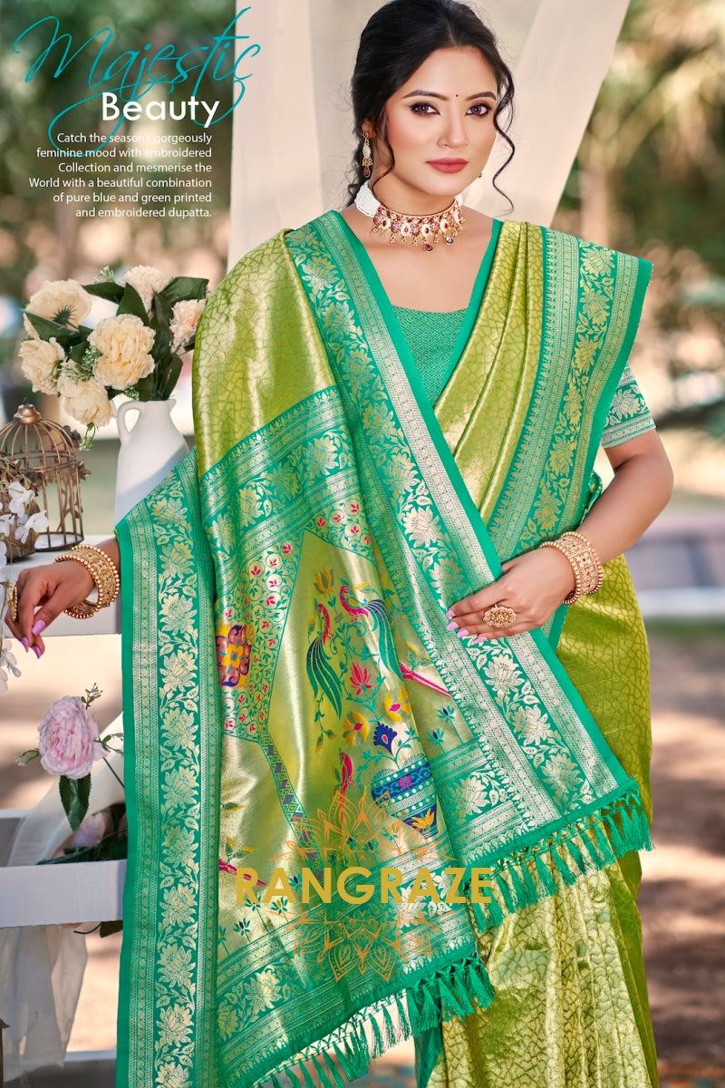 Green Paithani Inspired Silk Saree with Teal Zari Border