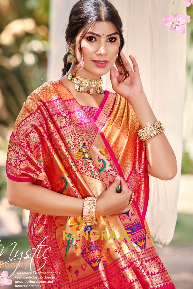 Copper Orange Paithani Inspired Silk Saree with Pink Zari Border