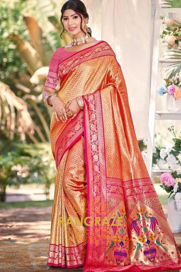 Copper Orange Paithani Inspired Silk Saree with Pink Zari Border