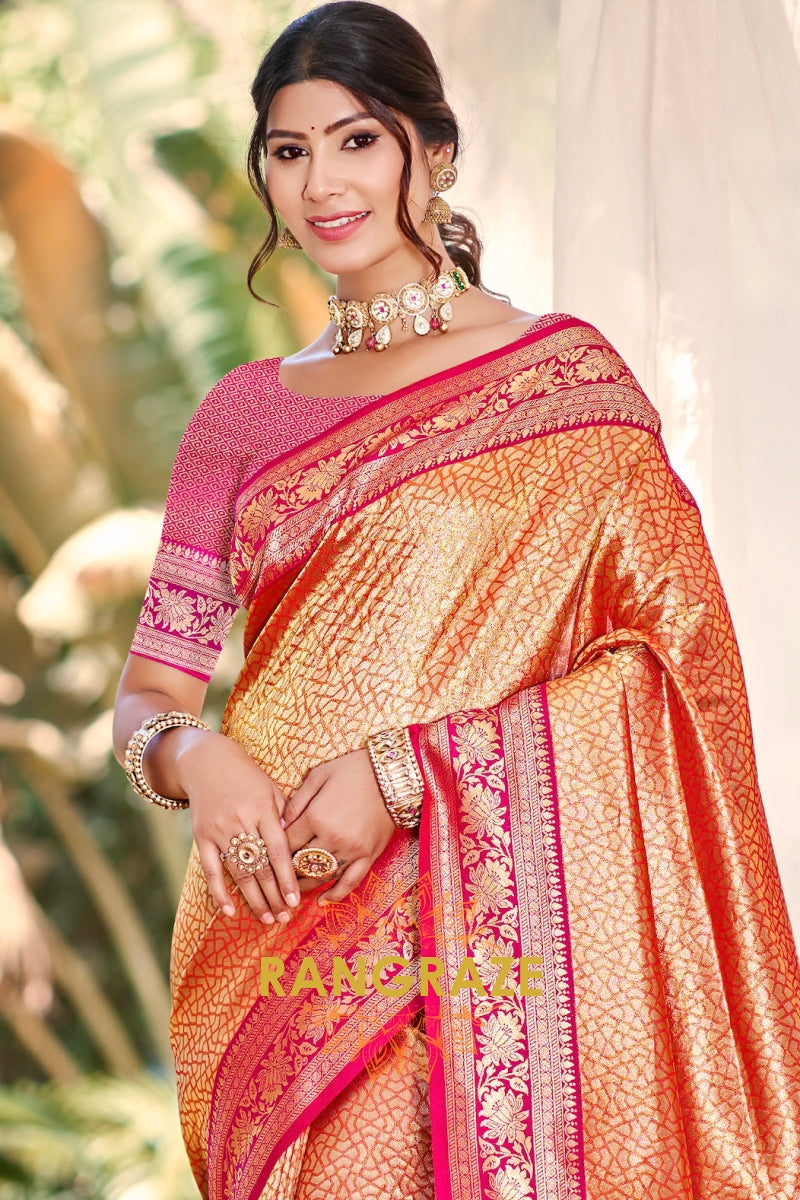 Copper Orange Paithani Inspired Silk Saree with Pink Zari Border