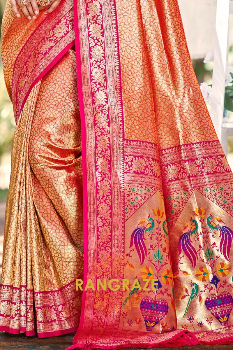 Copper Orange Paithani Inspired Silk Saree with Pink Zari Border