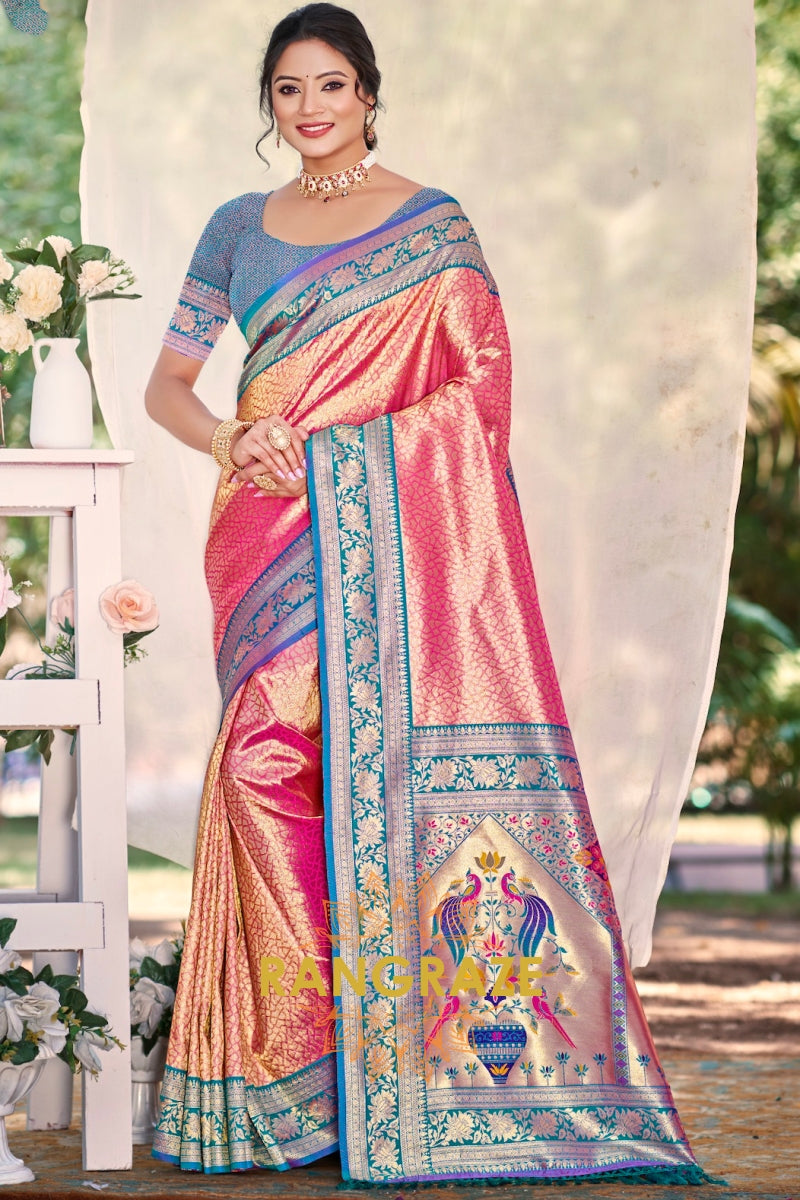 Rose Pink Paithani Inspired Silk Saree with Blue Zari Border