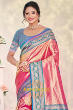 Rose Pink Paithani Inspired Silk Saree with Blue Zari Border