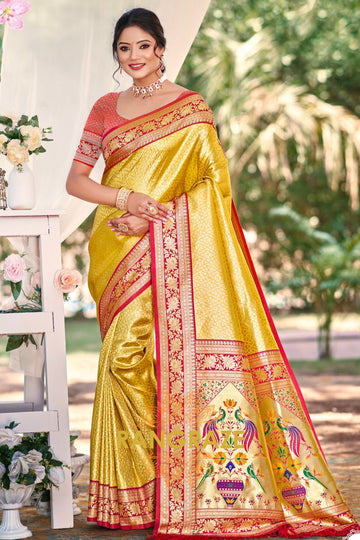 Golden Paithani Inspired Silk Saree with Red Zari Border