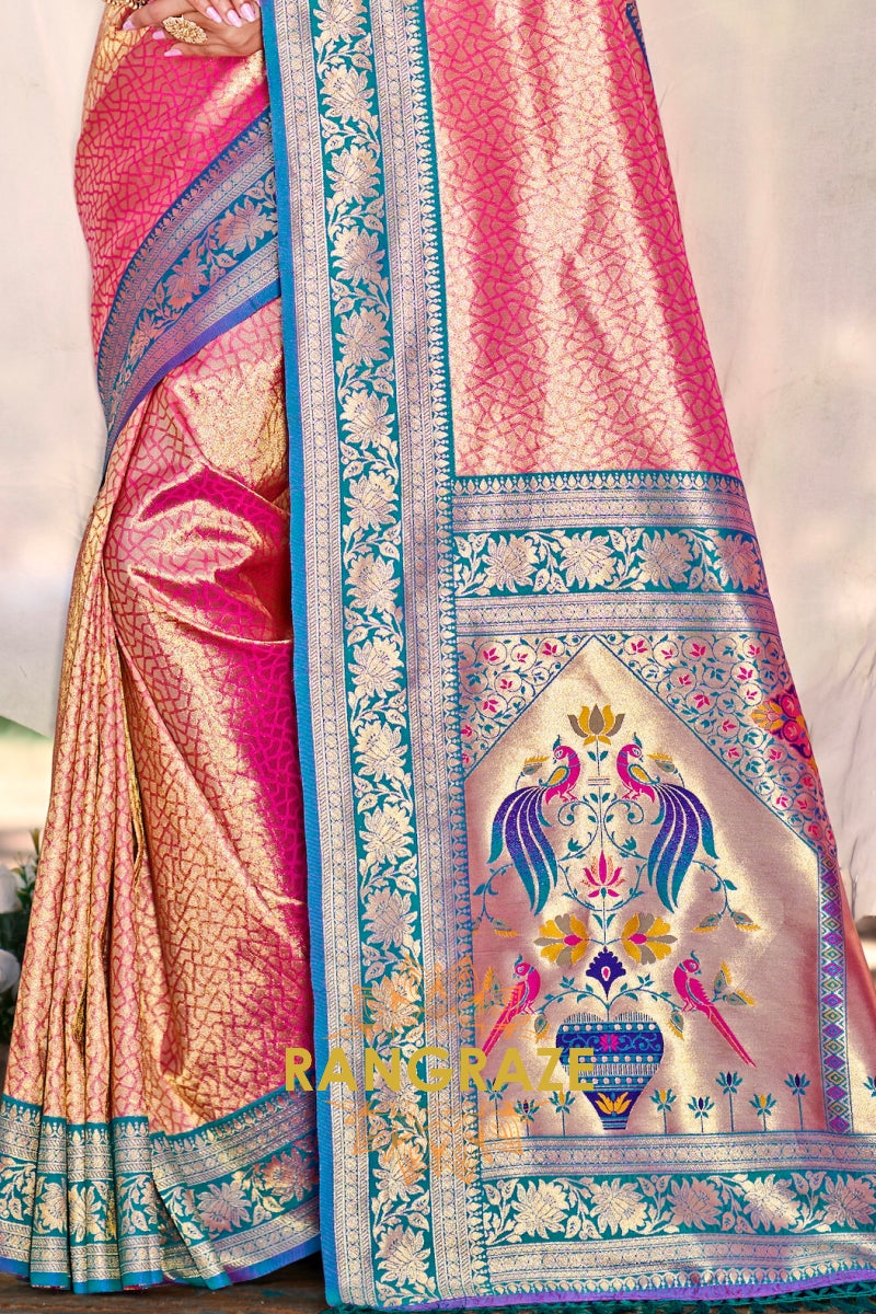 Rose Pink Paithani Inspired Silk Saree with Blue Zari Border