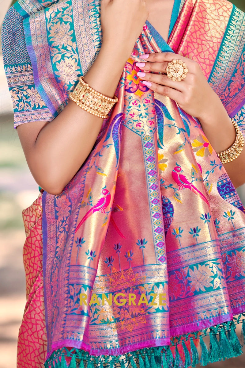 Rose Pink Paithani Inspired Silk Saree with Blue Zari Border