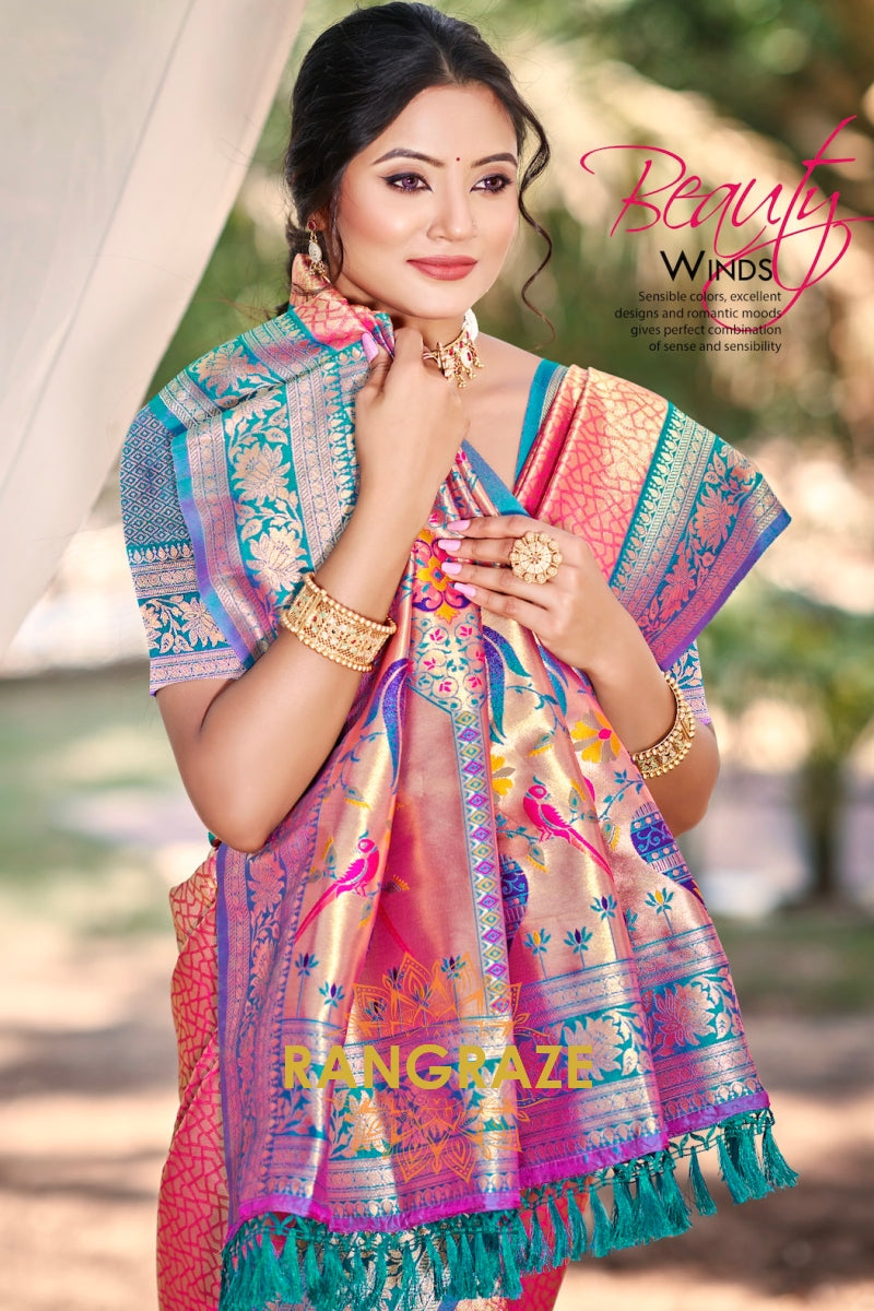 Rose Pink Paithani Inspired Silk Saree with Blue Zari Border