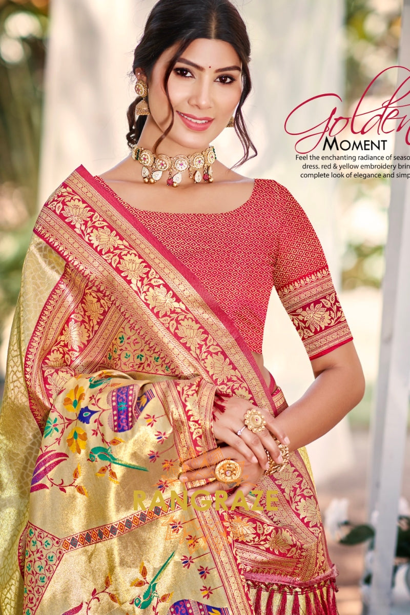 Golden Beige Paithani Inspired Silk Saree with Maroon Zari Border