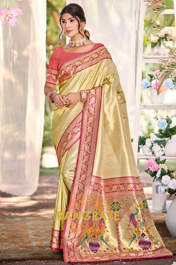 Golden Beige Paithani Inspired Silk Saree with Maroon Zari Border