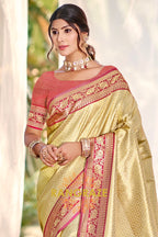 Golden Beige Paithani Inspired Silk Saree with Maroon Zari Border