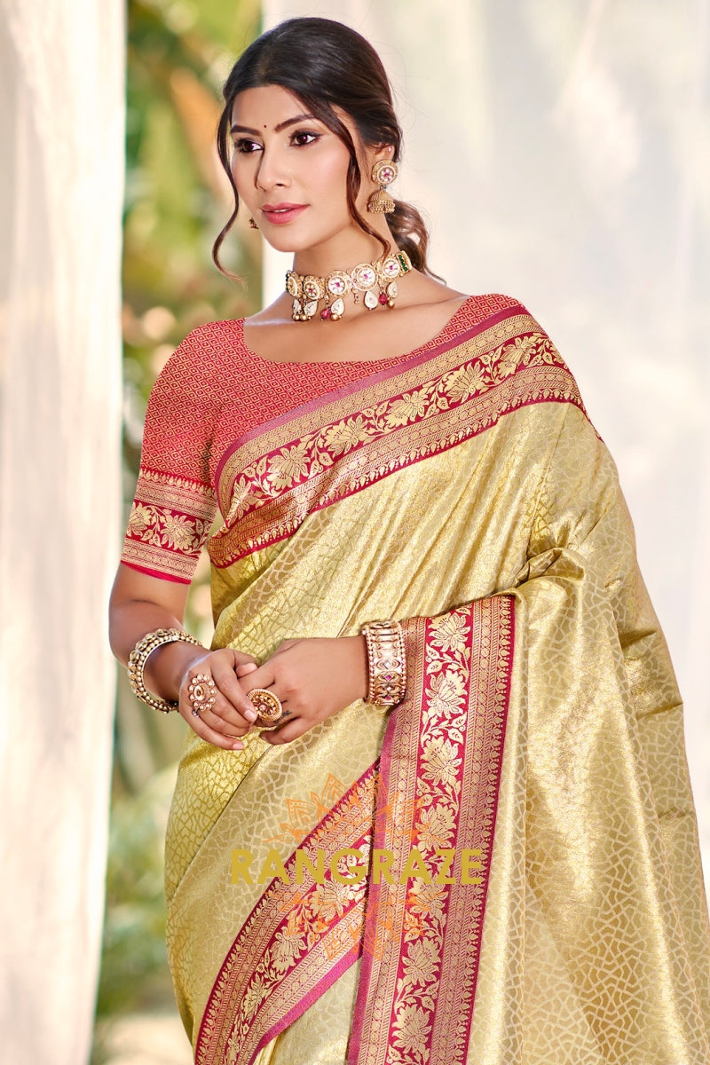 Golden Beige Paithani Inspired Silk Saree with Maroon Zari Border