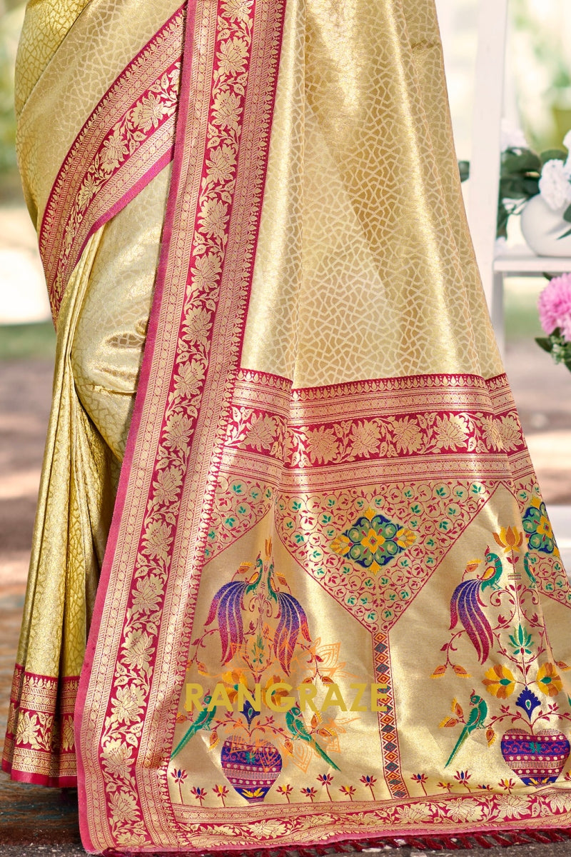 Golden Beige Paithani Inspired Silk Saree with Maroon Zari Border