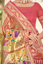 Golden Beige Paithani Inspired Silk Saree with Maroon Zari Border