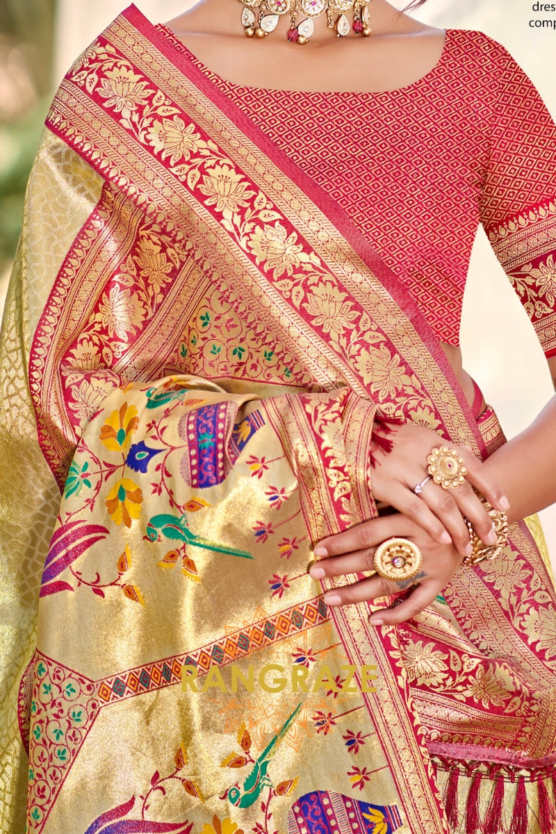 Golden Beige Paithani Inspired Silk Saree with Maroon Zari Border