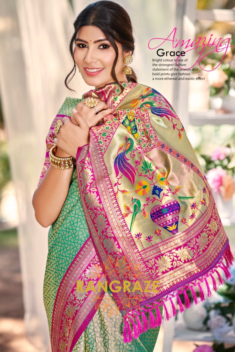 Mint Green Paithani Inspired Silk Saree with Pink Zari Border